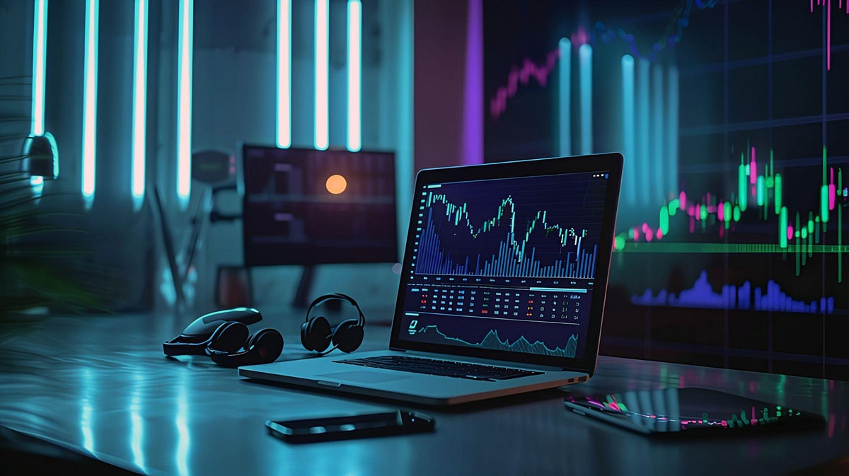 A laptop showing crypto trading charts in a blue-lit tech workspace