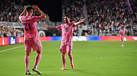 | Photo: AP/Michael Laughlin : Inter Miami forward Tadeo Allende celebrates with Lionel Messi after a goal during the second half of Game 3 in the first round of MLS soccer's Western Conference playoffs against Nashville SC in Fort Lauderdale, Fla., Nov. 8, 2025.