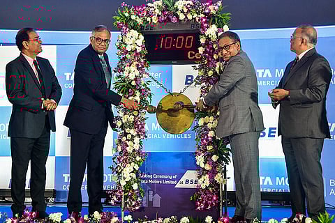 Tata Sons Chairman N Chandrasekaran, second from left, with Managing Director and Chief Executive Officer of BSE (formerly Bombay Stock Exchange) Sundararaman Ramamurthy, second from right, during the listing ceremony of Tata Motors Commercial Vehicles Ltd (TMLCV), at BSE, in Mumbai.