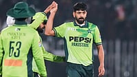 | Photo: AP/Anjum Naveed : Pakistan's Haris Rauf celebrates with teammates after the dismissal of Sri Lanka's Kamil Mishara during the first ODI match in Rawalpindi, on Tuesday, November 11, 2025.