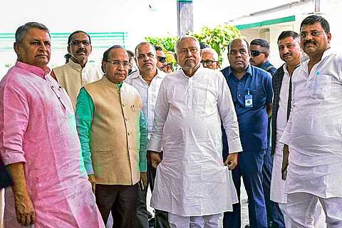 Bihar CM Nitish Kumar visits JD(U) office during the second and final phase of the state Assembly elections, in Patna.