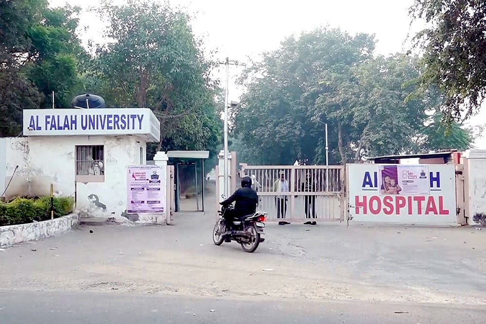 | Photo: PTI : A view of the Al-Falah University after 2,900 kg of explosives and inflammable material was recovered from two rented rooms of a Kashmiri doctor earlier this week, in Faridabad, Wednesday, Nov. 12, 2025. (PTI Photo)()