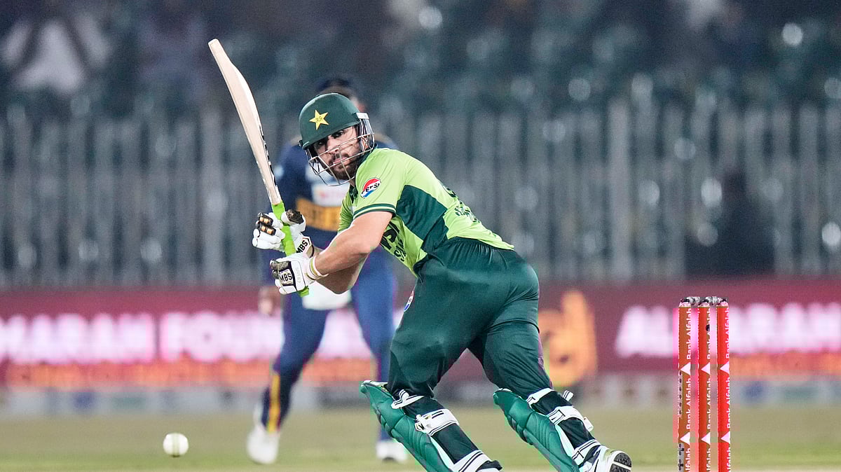 (AP Photo/Anjum Naveed) : Pakistan's Salman Ali Agha plays a shot during the first one day international cricket match between Pakistan and Sri Lanka, in Rawalpindi, Pakistan, Tuesday, Nov. 11, 2025.