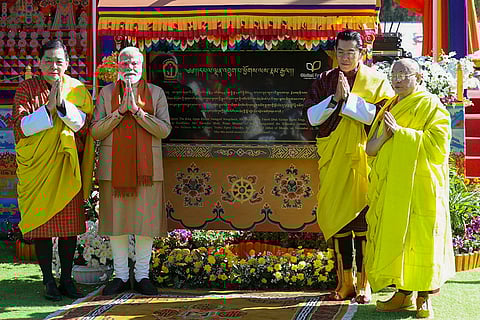 In this image, Prime Minister Narendra Modi with Bhutan King Jigme Khesar Namgyel Wangchuck and former king Jigme Singye Wangchuck during the inauguration of the 'Kalachakra empowerment' ceremony as part of the ongoing Global Peace Prayer Festival, in Bhutan.