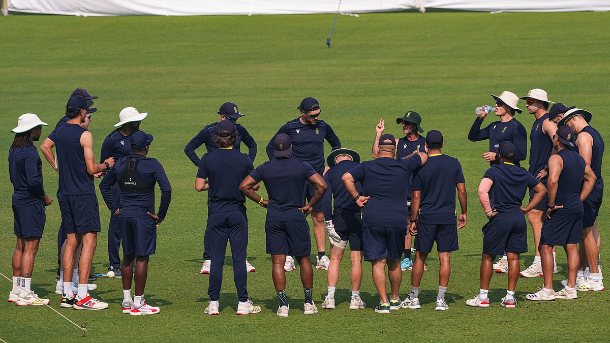 South African players during a training session ahead of the first Test match against India, at Eden Gardens in Kolkata. - PTI