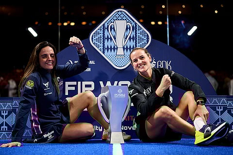 Claudia Fernandez Sanchez and Ariana Sanchez Fallada pose with their trophies during the trophy ceremony of the FIP World Cup in Pairs, Kuwait on November 9, 2025.