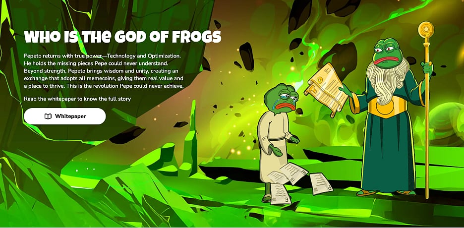Green and black graphic with two Pepe the Frog characters, text WHO IS THE GOD OF FROGS