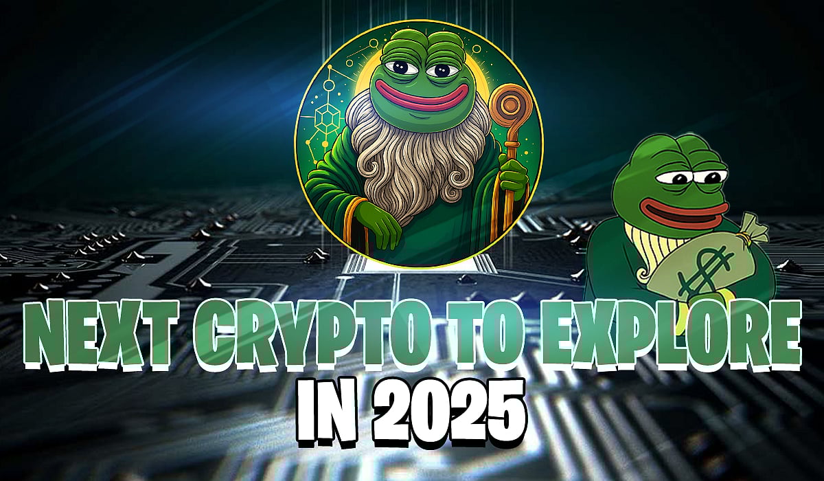 Crypto advertisement with two Pepe the Frog characters and text NEXT CRYPTO TO EXPLORE IN 2025