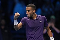 ATP Finals: Felix Auger-Aliassime Beats Ben Shelton To Claim First Win, Keep SF Hopes Alive | Photo: AP/Antonio Calanni : Canada's Felix Auger-Aliassime celebrates after winning against United States' Ben Shelton during their tennis match of the ATP World Tour Finals, in Turin, Italy.