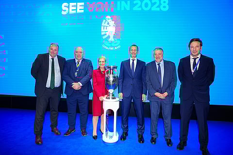 From left, Conrad Kirkwood, IFA President, Mike Mulraney, SFA President, Debbie Hewitt, UK&I Board Chair, Aleksander Ceferin, UEFA President, Paul Cooke FAI President and Noel Mooney, FAW Chief Executive attend the Euro 2028 launch at Below The Lights, Piccadilly Circus, London.