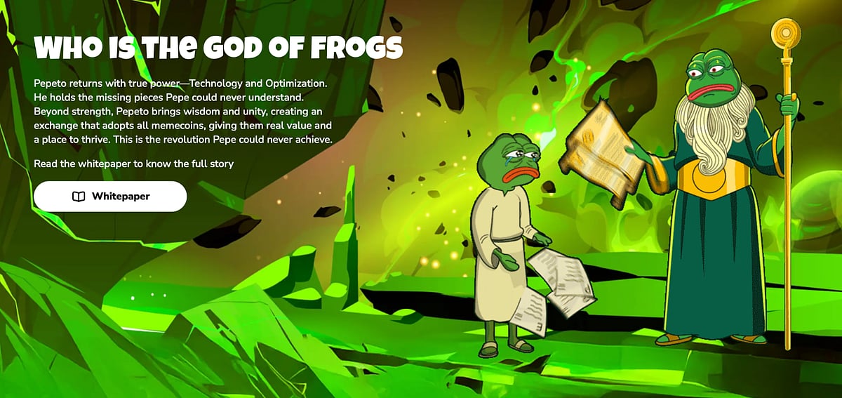 Green digital graphic featuring two Pepe the Frog characters and text WHO IS THE GOD OF FROGS