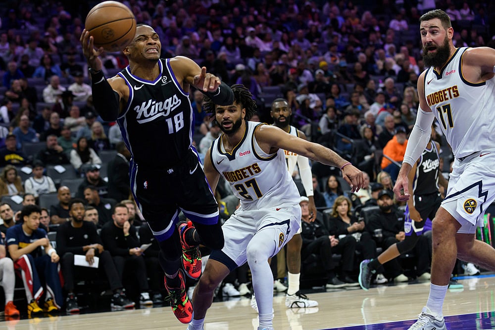 NBA basketball Sacramento Kings Vs Denver Nuggets-Kings guard Russell Westbrook 