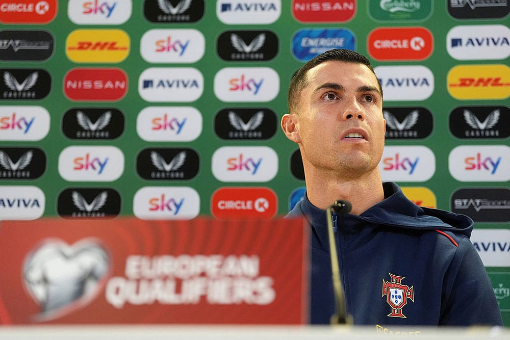 Cristiano Ronaldo speaks during a press conference in Dublin
