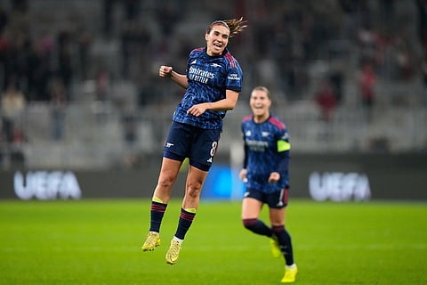Arsenal's Mariona Caldentey celebrates after scoring her side's second goal during the women's Champions League opening phase soccer match between FC Bayern Munich and Arsenal FC in Munich, Germany.