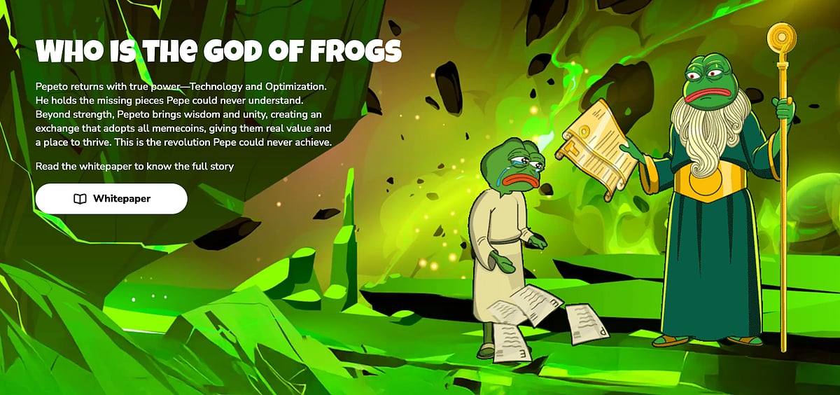 Cartoon frogs in a green cave with text titled Who Is The God of Frogs and a whitepaper button