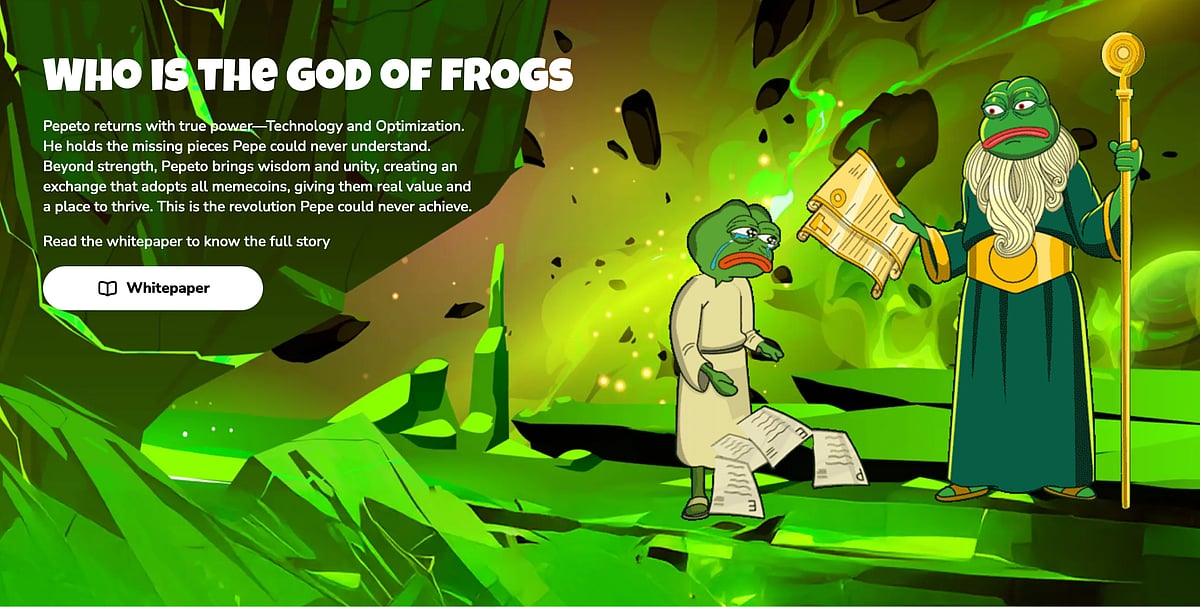 Cartoon frogs in a green cave with text titled Who Is The God of Frogs and a whitepaper button