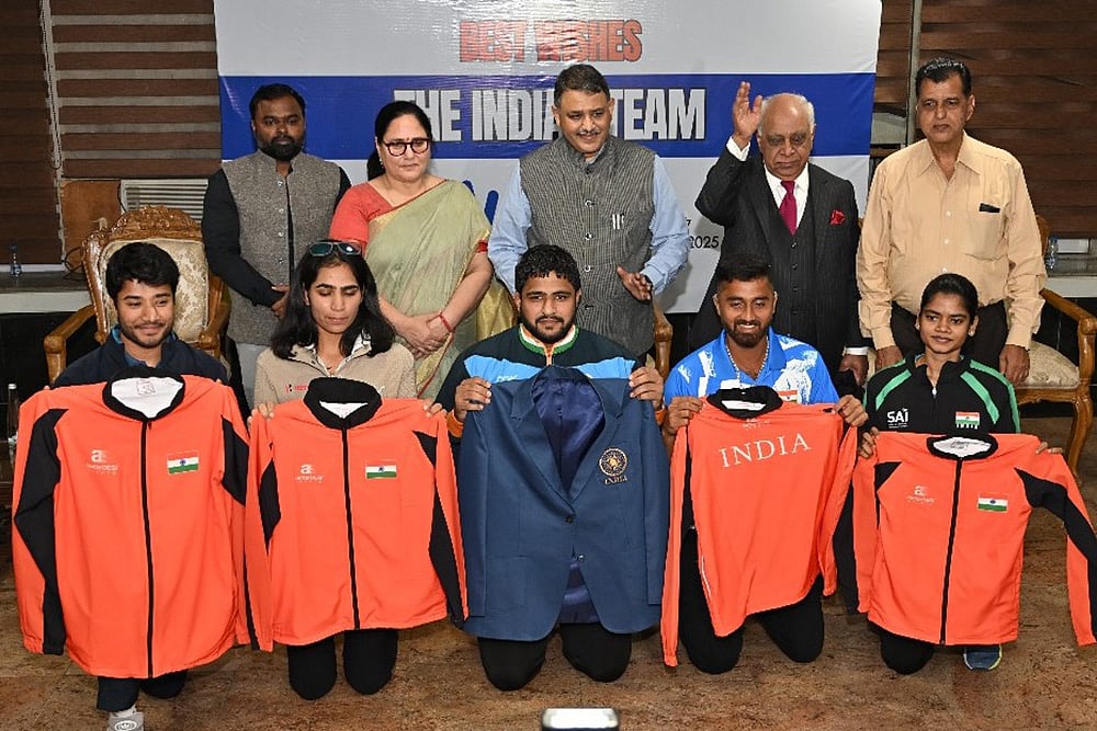 Athletes and officials display the Indian kit for Deaflympics 2025 in Tokyo