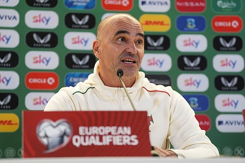 Portugal head coach Roberto Martinez speaks during a press conference in Dublin, Ireland, ahead of Thursday's World Cup qualifying soccer match against Ireland. 