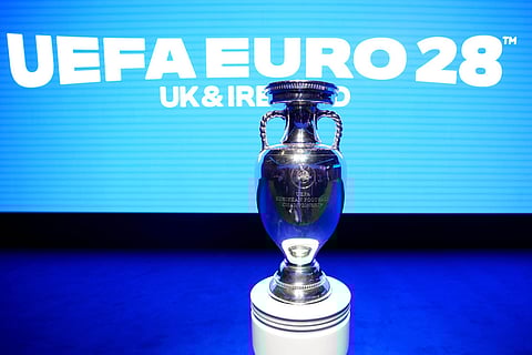 The Henri Delaunay Cup, presented to the winner of the European Champions, is displayed during  UEFA Euro 2028 launch at Below The Lights, Piccadilly Circus, London.