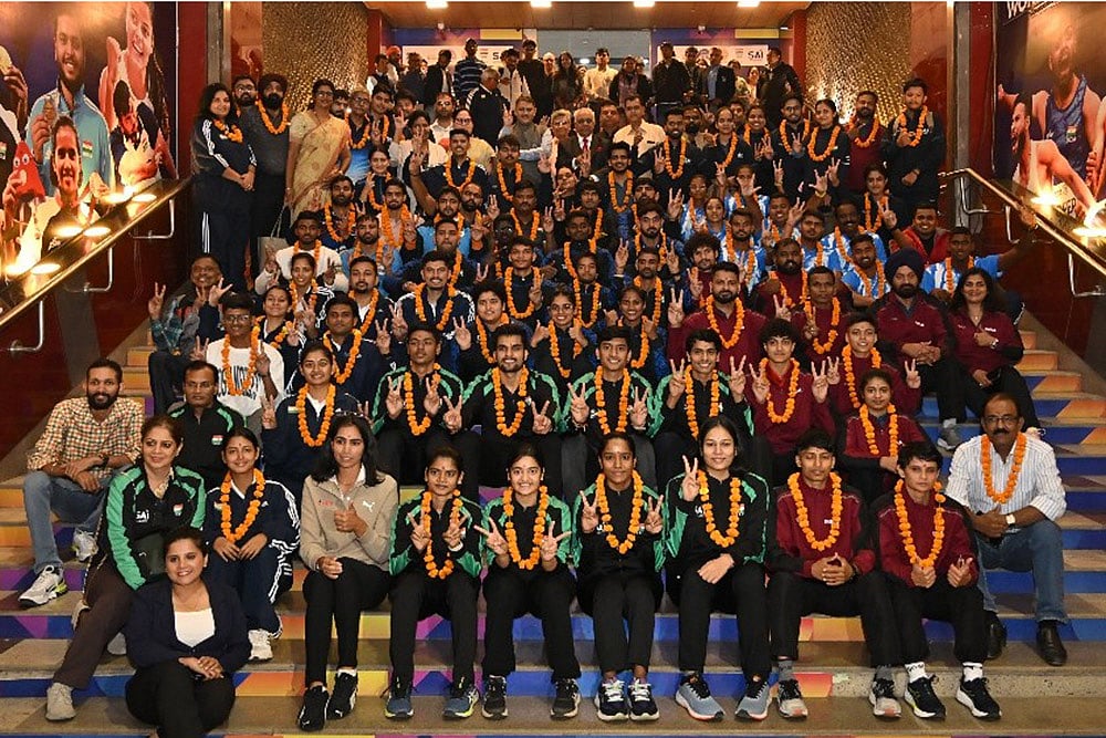 The Indian contingent for the Tokyo Deaflympics poses for a group photo in New Delhi. - | Photo: SAI Media