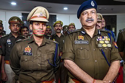 Women's cricket team all-rounder and UP Police DSP Deepti Sharma meets the state's DGP Rajeev Krishna during her visit to the UP Police Headquarters, in Lucknow.