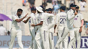 (AP Photo/Aijaz Rahi) : India Vs South Africa, 1st Test Match Day 1: India's Jasprit Bumrah, left, celebrates with teammates after the dismissal of South Africa's Aiden Markram on the first day of the first cricket test match between India and South Africa in Kolkata, India, Friday, Nov. 14, 2025.