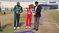 Pakistan A Vs Oman Highlights, Asia Cup Rising Stars 2025: Maaz Sadaqat The Hero As Shaheens Seal 40-Run Win | Photo: X/TheRealPCB : Pakistan A's captain Irfan Khan and Oman's captain Hammad Mirza during the toss for the Asia Cup Rising Stars 2025 match between Pakistan A and Oman on November 14, 2025.