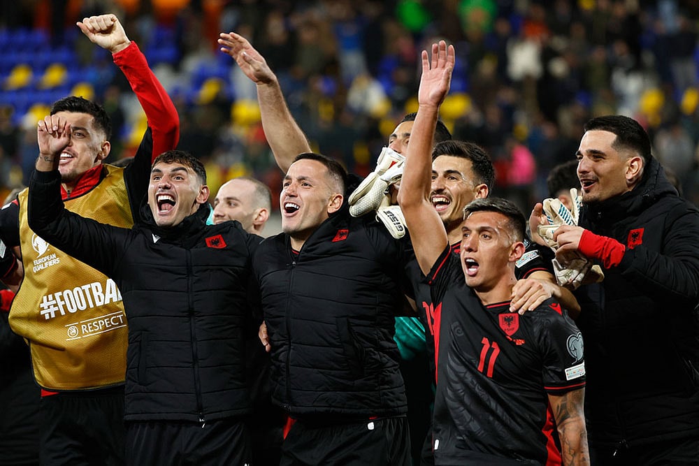 Albania players celebrate at the end of a World Cup 2026 group K qualifying soccer match between Andorra and Albania in Encamp, Andorra. - | Photo: AP/Joan Monfort