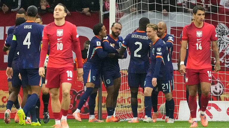 Poland Vs Netherlands Live Score, FIFA World Cup 2026 European Qualifiers: Memphis Depay, centre, reacts after scoring his side's first goal in Warsaw. - Photo: AP