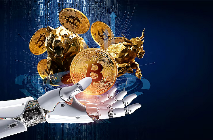 Robotic hand holding bitcoin coins with crypto theme