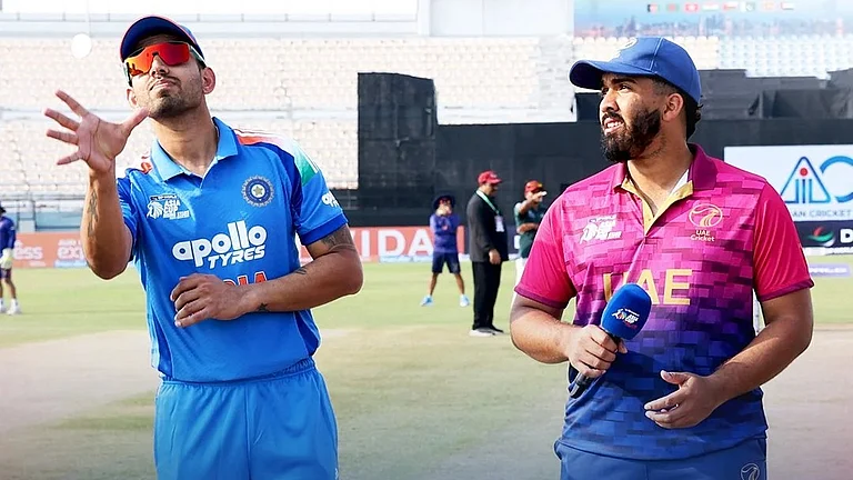 India A's captain Jitesh Sharma and UAE's captain Alishan Sharafu at the toss for the Asia Cup Rising Stars 2025 match on November 14, 2025. - | Photo: X/ACCMedia1