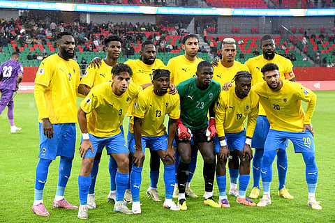 Gabon's team players pose for a picture before the World Cup 2026 African qualifying semi-final soccer match between Nigeria and Gabon, in Rabat, Morocco.