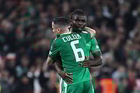 Republic Of Ireland 2-0 Portugal, FIFA WC '26 European Qualifiers: CR7 Sent Off As IRE Win | Photo: AP/Peter Morrison : Ireland's Festy Ebosele and Ireland's Josh Cullen celebrate at the end of a World Cup 2026 group F qualifying soccer match between Ireland and Portugal in Dublin.