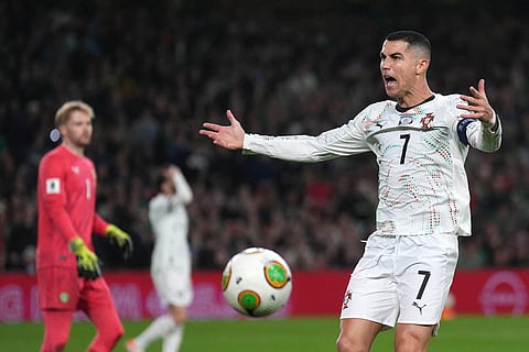 Portugal's Cristiano Ronaldo reacts during a World Cup 2026 group F qualifying soccer match between Ireland and Portugal in Dublin.