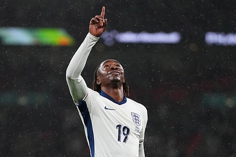 England's Eberechi Eze celebrates after scoring during a World Cup qualifier group K soccer match between Serbia and England in London.