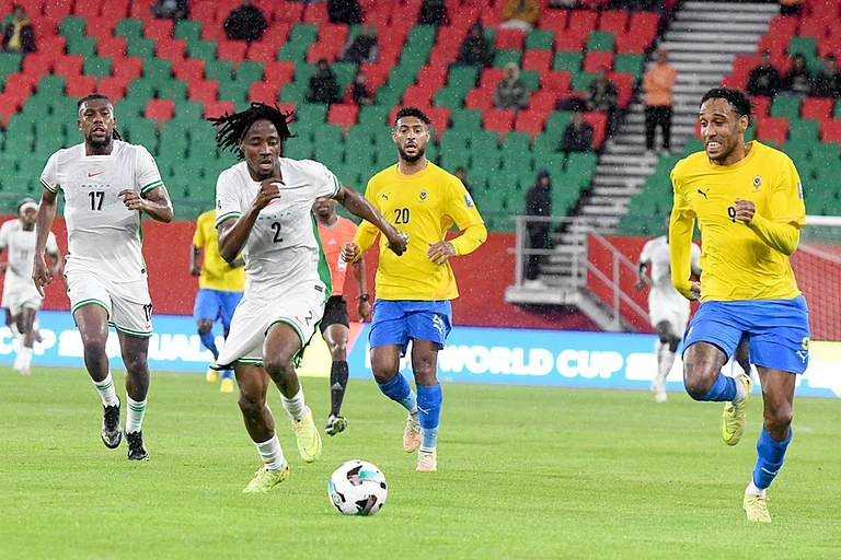 Nigeria's Benjamin Fredrick, centre left, and Gabon's Pierre-Emerick Aubameyang, right, challenge for the ball during the World Cup 2026 African qualifying semi-final soccer match between Nigeria and Gabon, in Rabat, Morocco.
- | Photo: AP