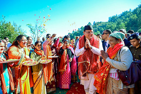 Uttarakhand Chief Minister Pushkar Singh Dhami during a visit to Tundi-Barmaun, at his ancestral village Kanalichinna, in Pithoragarh district. 