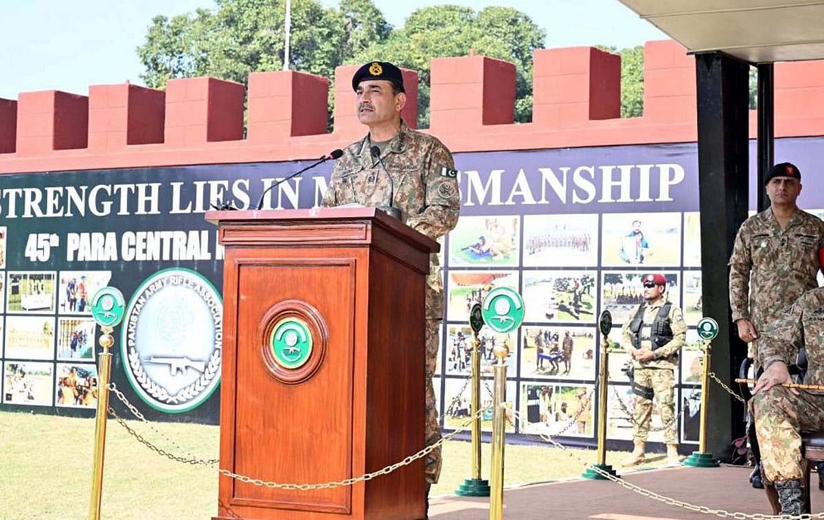 Chief of Army Staff (COAS), Field Marshal Asim Munir addresses during the closing ceremony of 45th Pakistan Army Rifle Association (PARA) Central Meet 2025 held at Army Marksmanship Unit (AMU) in Jhelum on Tuesday, November 11, 2025. - IMAGO / Newscom World 
