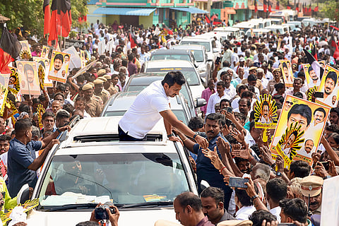 Tamil Nadu Deputy Chief Minister Udhayanidhi Stalin being welcomed by supporters during a visit to Sivaganga, Tamil Nadu.