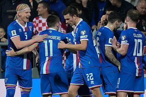 Faroe Islands players celebrate after a goal during a World Cup 2026 group L qualifying soccer match between Croatia and Faroe Islands in Rijeka, Croatia.