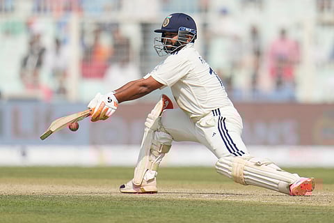 India's Rishabh Pant plays a shot on the second day of the first cricket test match between India and South Africa in Kolkata.
