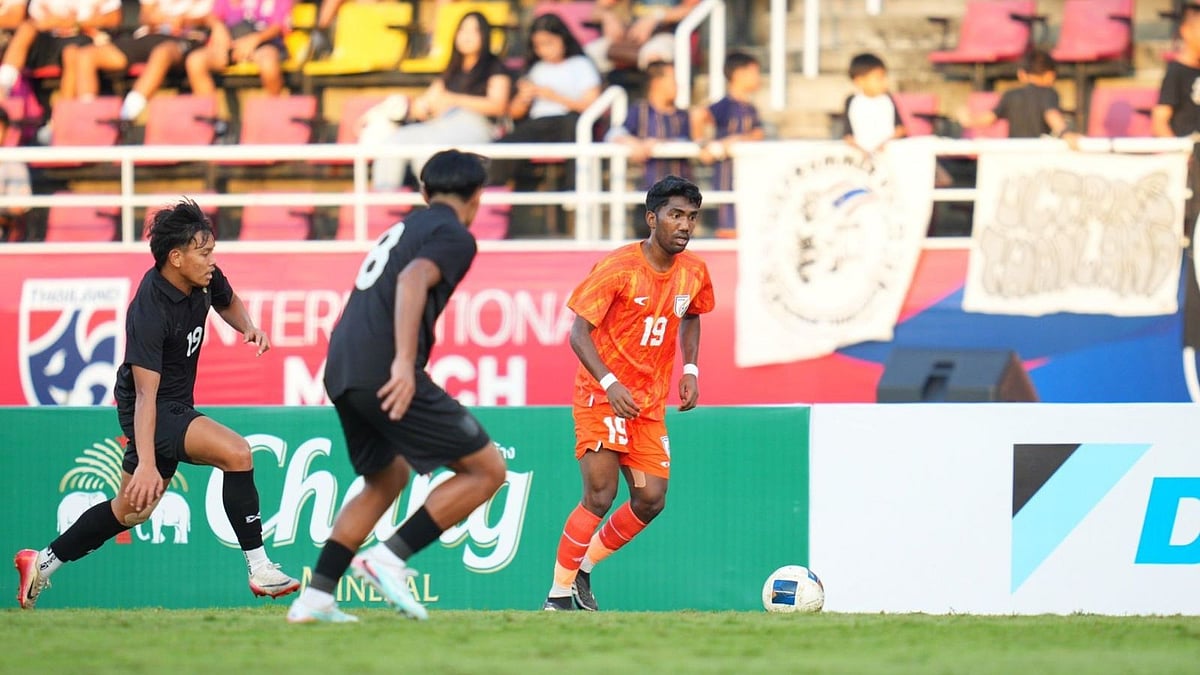 India U23's Raj Basfore in action during the FIFA international friendly match against Thailand U23 at Thammasat Stadium on Novemebr 15, 2025. - | Photo: AIFF