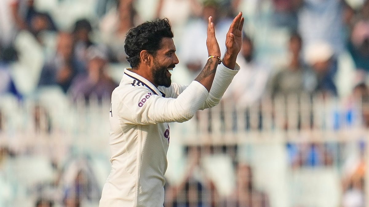 India's Ravindra Jadeja, celebrates the dismissal of South Africa's Aiden Markram on the second day of the first cricket test match between India and South Africa in Kolkata, India, Saturday, Nov. 15, 2025.  - (AP Photo/Aijaz Rahi)