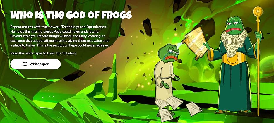 Pepeto graphic featuring a sad frog, wizard frog, and God of Frogs text