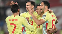 | Photo: AP/Tamuna Kulumbegashvili : Spain's players celebrate after scoring their side's first goal scored by Spain's Mikel Oyarzabal during a World Cup 2026 group E qualifying match between Georgia and Spain in Tbilisi, Georgia, Saturday, Nov. 15, 2025.