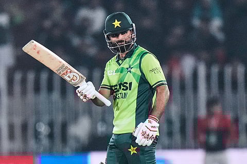 Pakistan's Fakhar Zaman celebrates after his fifty runs during the second one day international cricket match between Pakistan and Sri Lanka, in Rawalpindi, Pakistan.
