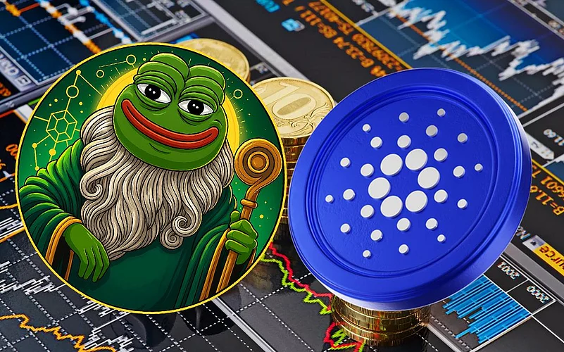 Wizard Pepe the Frog and Cardano crypto coin graphic