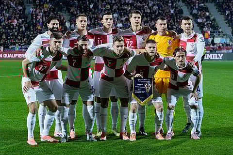 Croatia players pose before a World Cup 2026 group L qualifying soccer match between Croatia and Faroe Islands in Rijeka, Croatia.