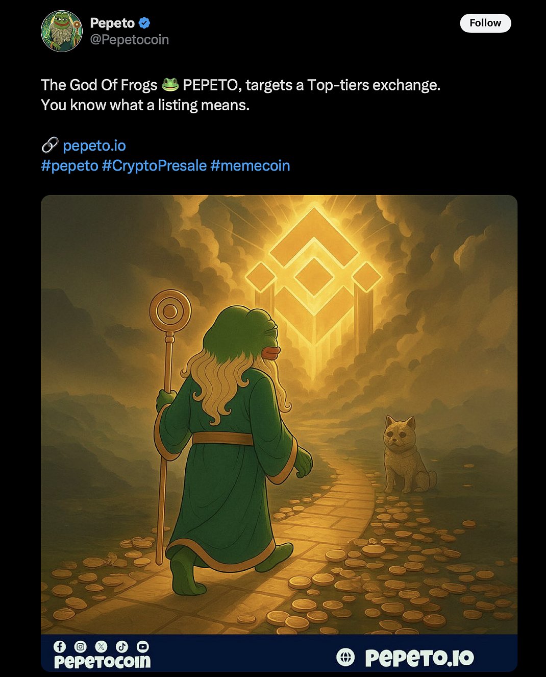 Tweet by pepeto on Pepeto targeting top exchange