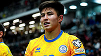 | Photo: X/KFF_Team : Kazakhstan's Dastan Satpaev celebrates after scoring against Belgium in the FIFA World Cup European Qualifiers on November 15, 2025.
